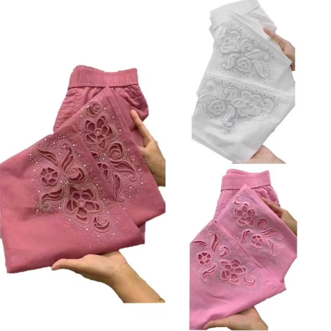 87170新款薄料重工时尚烫钻镂空松紧腰老爹裤（不送腰带）