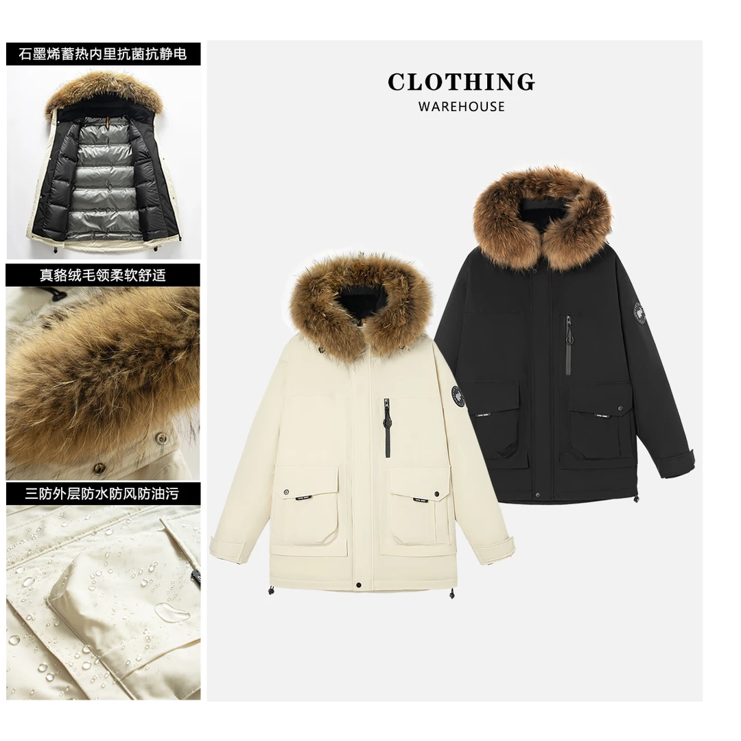 门店2879！90白鹅绒真貉子毛大毛领情侣连帽三防派克羽绒服003