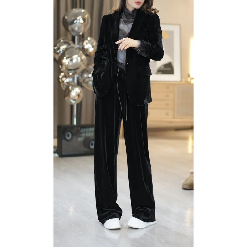 FER25早春重工钉珠丝绒拉长腿显瘦休闲窄版直筒裤黑色时尚春秋1