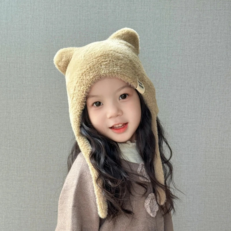 宝宝秋冬新款女童可爱小猫造型毛绒帽护耳套头保暖帽女孩纯色百搭