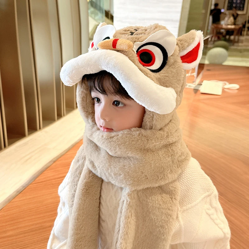 儿童帽子围巾手套一体帽男童加绒三件套女童防风醒狮帽加厚毛绒帽