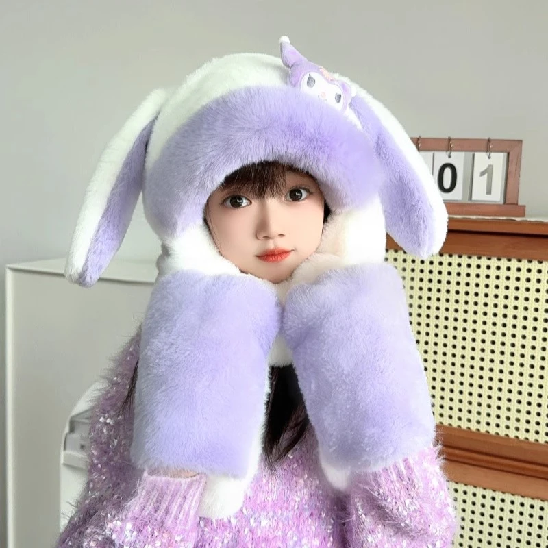 耳朵会动儿童帽子围巾手套一体女孩加厚保暖帽男女童护耳毛绒帽潮