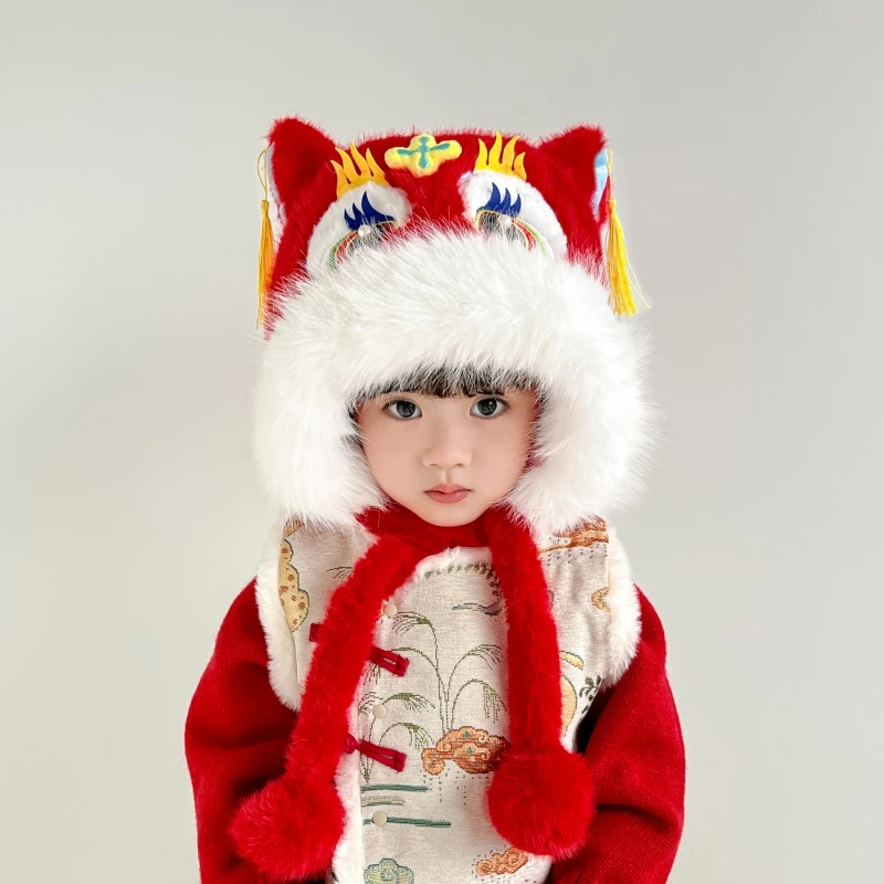 新年红色儿童秋冬季防风帽男女宝宝喜庆过年虎头帽加厚保暖套头帽