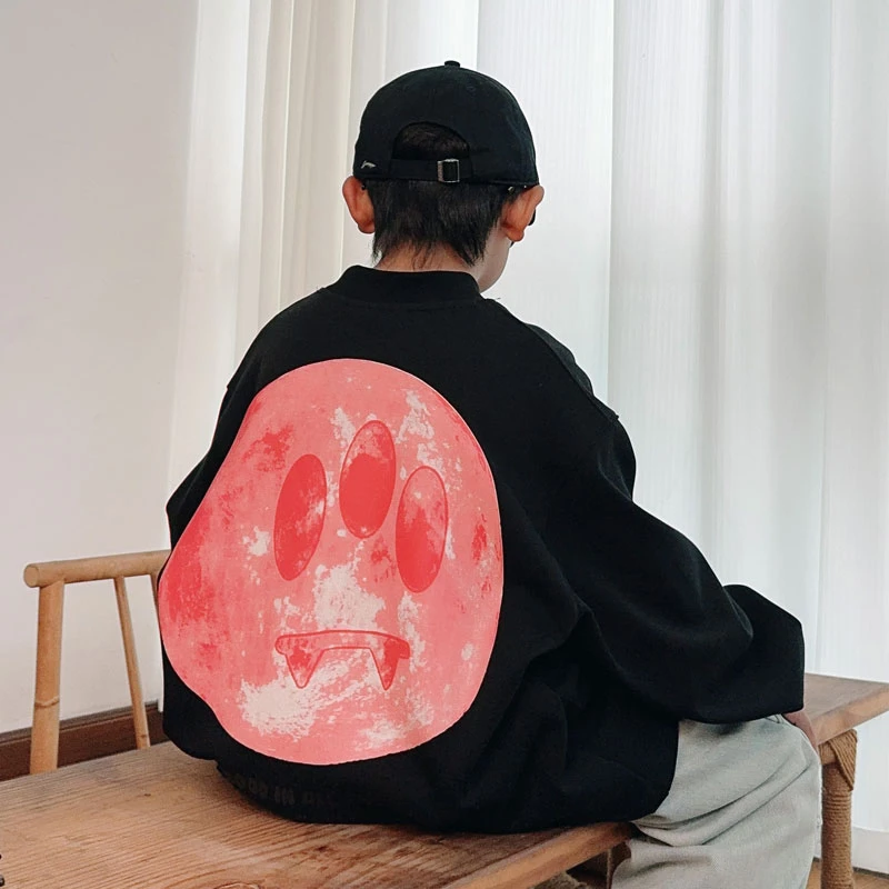 童装玫粉印花一体绒粉色卫衣圆领男童冬季加厚儿童宽松上衣S7318