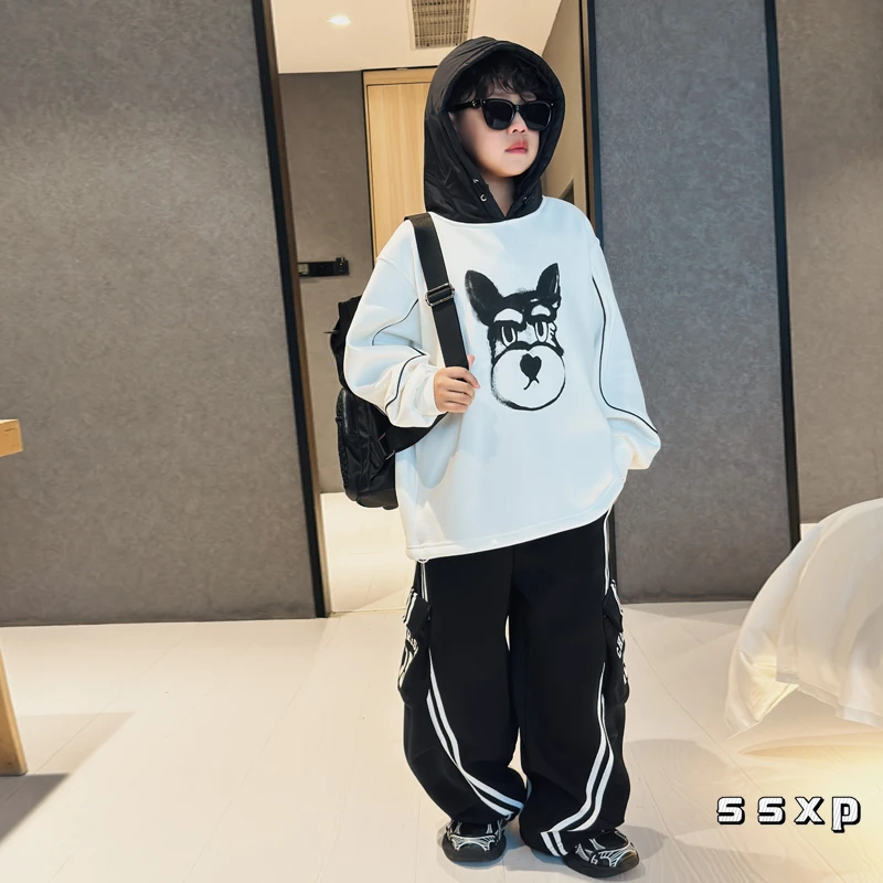 男童设计款一体绒卫衣新款秋冬儿童连帽上衣洋气中大童S7294