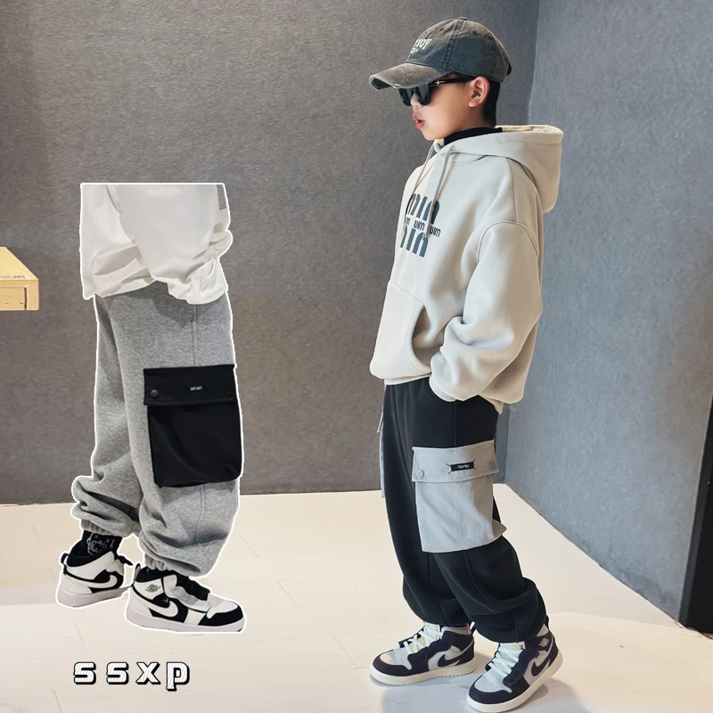 男童工装卫裤新款儿童冬季加厚休闲裤中大童装一体绒针织S7282