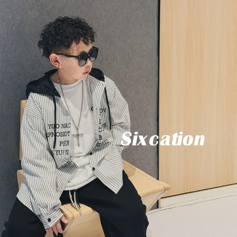 男童清新黑白条纹衬衫长袖上衣儿童春秋连帽衬衣童装薄开衫S6870