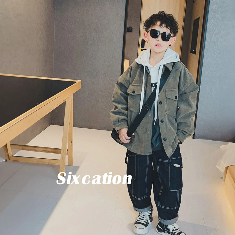 男童灯芯绒外套秋季帅气儿童洋气翻领厚高级外套上衣中大童S6634