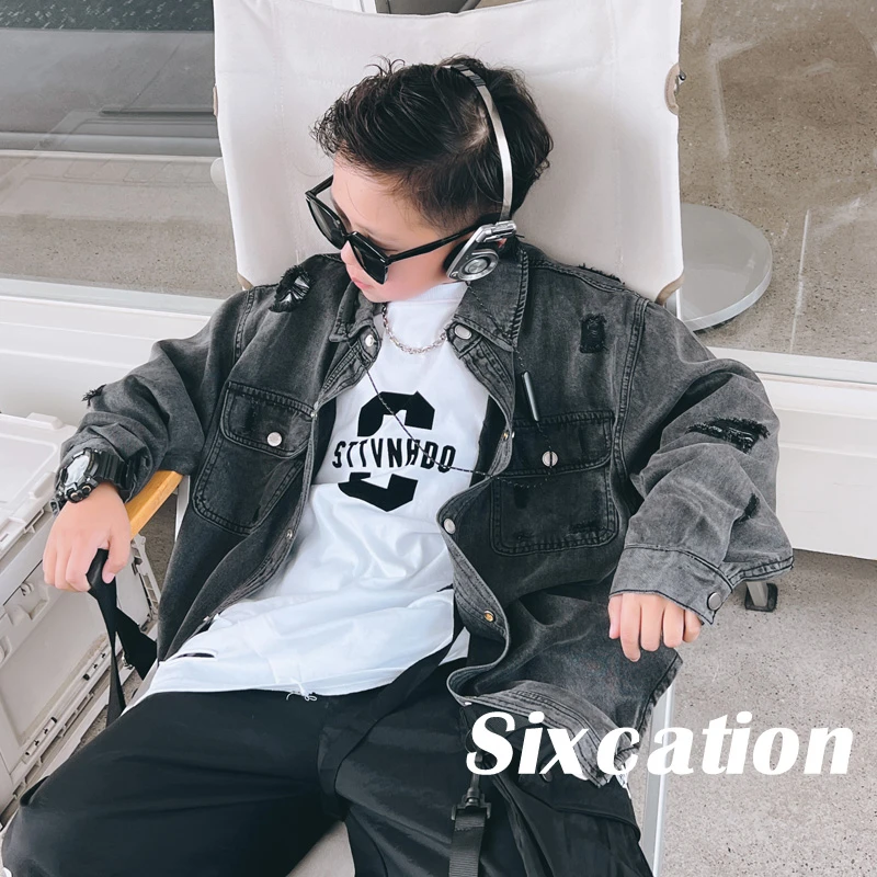 男童春装水洗破洞黑牛仔衬衫儿童春秋衬衣长袖开衫潮童装S6822