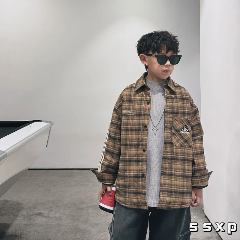 男童冬装格子衬衫棉服夹棉加厚外套儿童薄棉衣开衫棉服棉袄S7273
