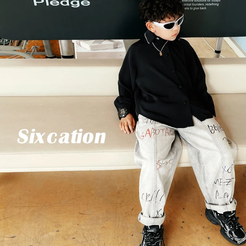 儿童水洗做旧涂鸦牛仔裤潮牌裤子男童春秋长裤宽松直筒裤S6957