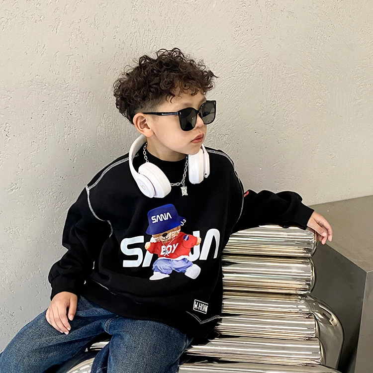 儿童卫衣秋冬加绒新款男童洋气炸街休闲圆领上衣中大童S5891