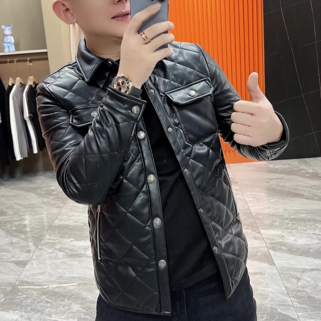 2024秋冬网红皮面棉服男翻领纯色皮衣棉衣商务休闲百搭修身外套潮