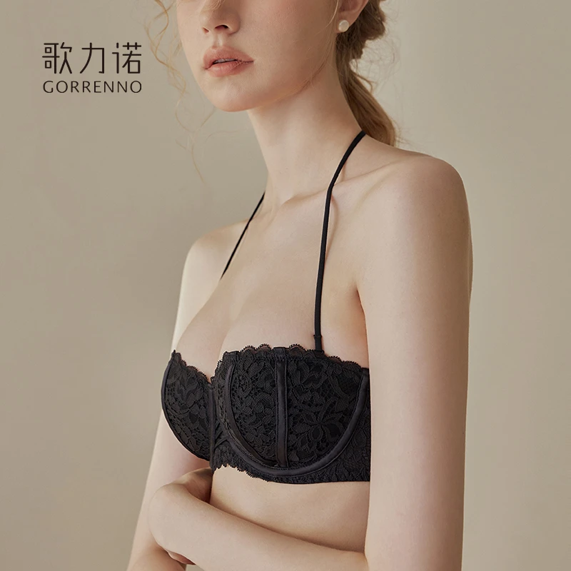 歌力诺小胸聚拢内衣女法式蕾丝文胸无肩带美背黑色防走光挂脖抹胸
