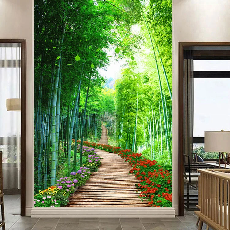 竹林田园玄关装饰画进门绿色花草小路竹子竹报平安过道墙贴壁画