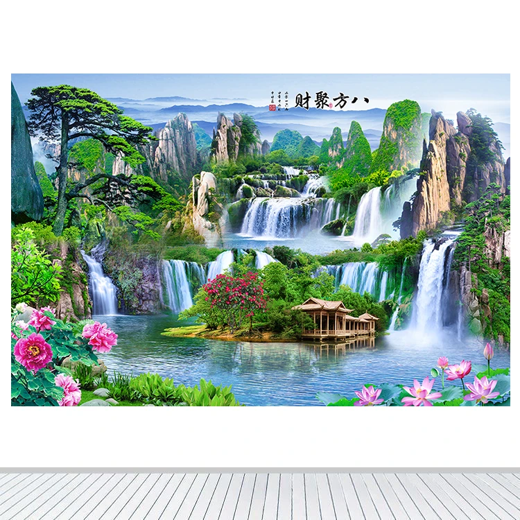 八方聚财山水瀑布风景画仙堂画迎客松荷花牡丹墙贴装饰画自粘壁画