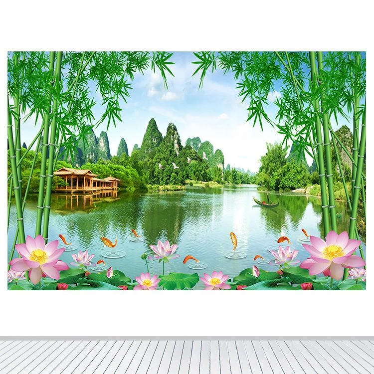 桂林山水荷花竹子客厅装饰画九鱼图亭子蓝天白云墙贴画自粘画壁画