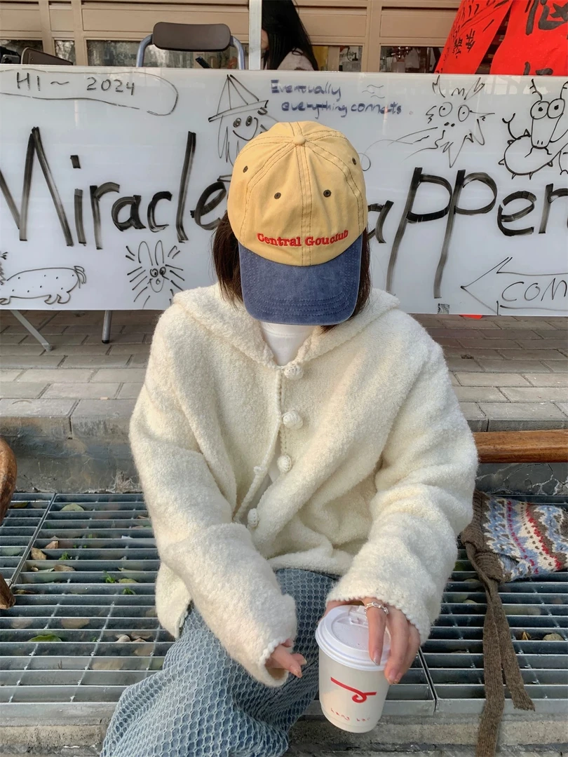 韩系慵懒全羊毛连帽针织开衫软糯减龄百搭甜美手钩球球毛衣外套