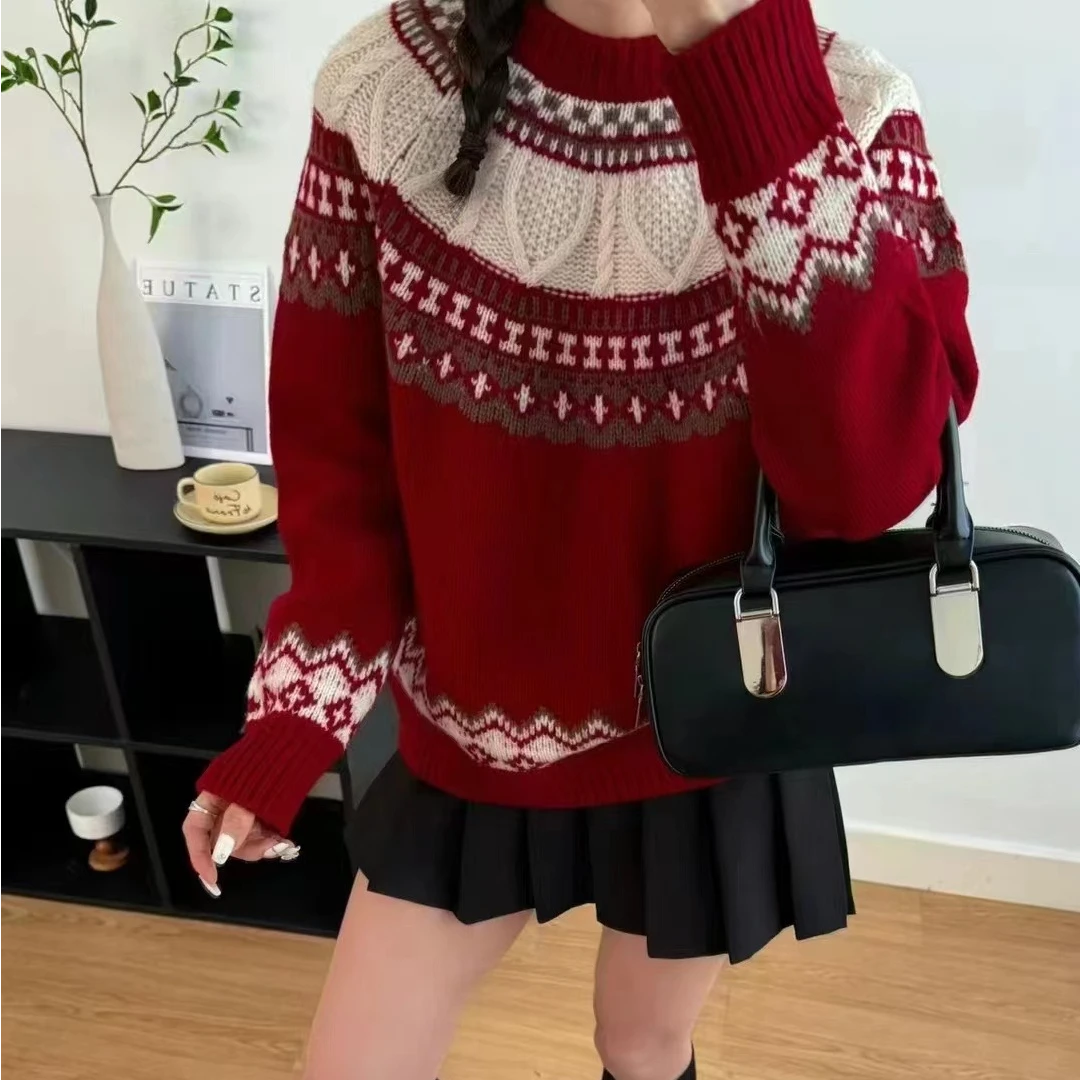 韩版东大门Egg复古时髦氛围感宽松圆领提花费尔岛针织套头毛衣