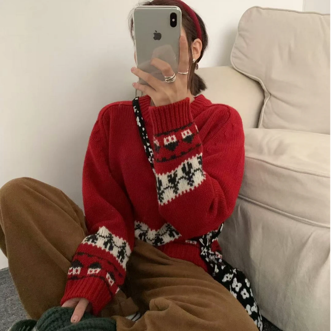 韩版全羊毛基础时尚百搭保暖提花小娃娃可爱圣诞风套头毛衣