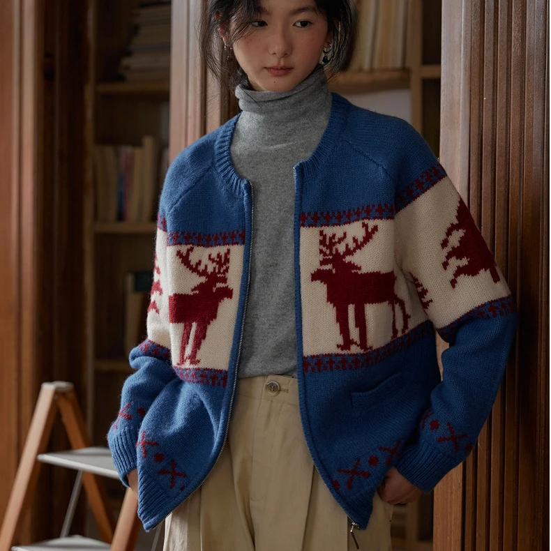 韩版基础全羊毛圣诞麋鹿费尔岛重工提花复古圆领拉链开衫外套