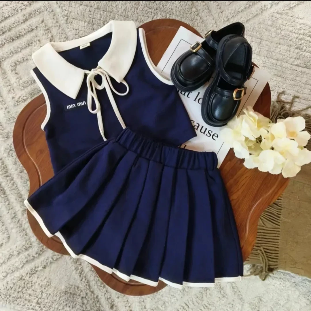 女童夏季套装2024新款无袖polo背心时髦百褶裙学院风套装爆款潮