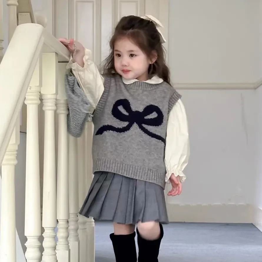 韩版女童针织背心洋气外穿儿童套头蝴蝶结毛衣马甲宝宝毛线春秋装