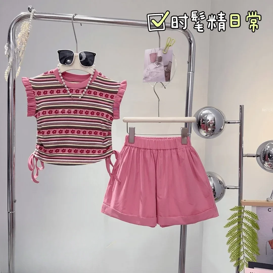 热卖女童夏季套装2024新款中大童女宝条纹抽绳短袖休闲短裤两件套
