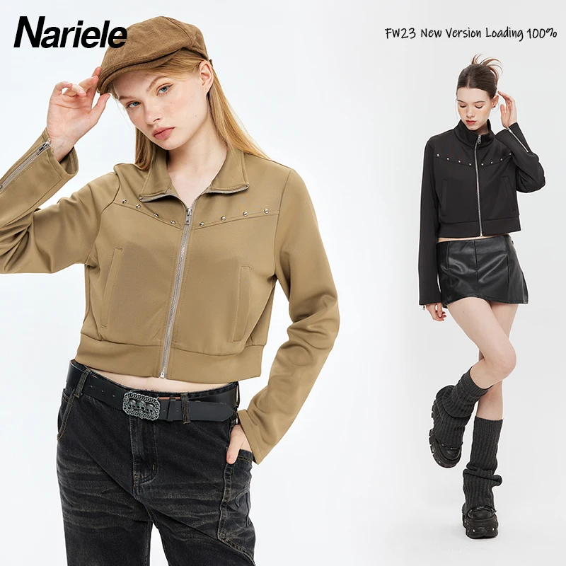 Nariele 美式立领辣妹短款夹克女高腰长袖百搭拉链开衫外套N3636