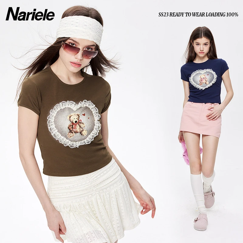 Nariele 镂空紧身爱心小熊欧美短款上衣2023新款显瘦短袖t恤N3378