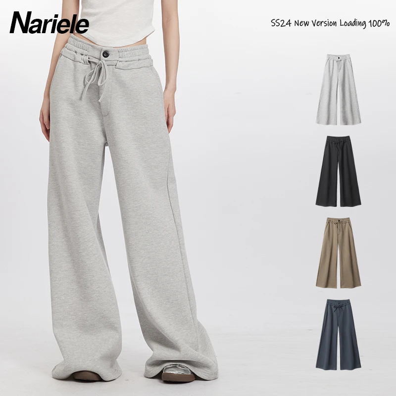 Nariele 夏季新款长款拖地裤运动松紧裤阔腿直筒街头长裤女A4239