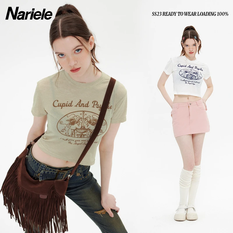 Nariele 美式盐系百搭显瘦短款T恤韩版高腰露脐印花短袖上衣N3149