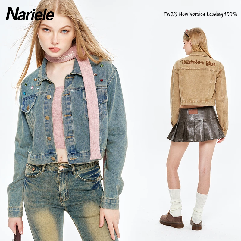 Nariele 23秋设计感翻领长袖工装时尚百搭休闲短款牛仔外套N3622
