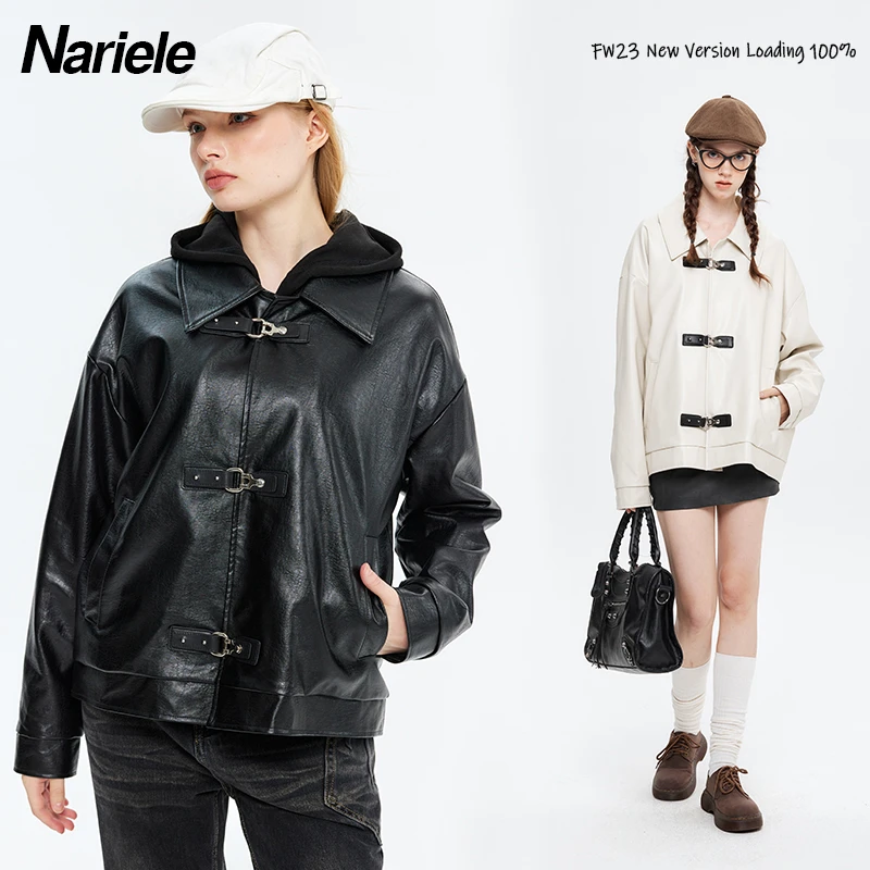 Nariele秋季中式盘扣翻领PU皮夹克男女潮流百搭休闲情侣外套H3657