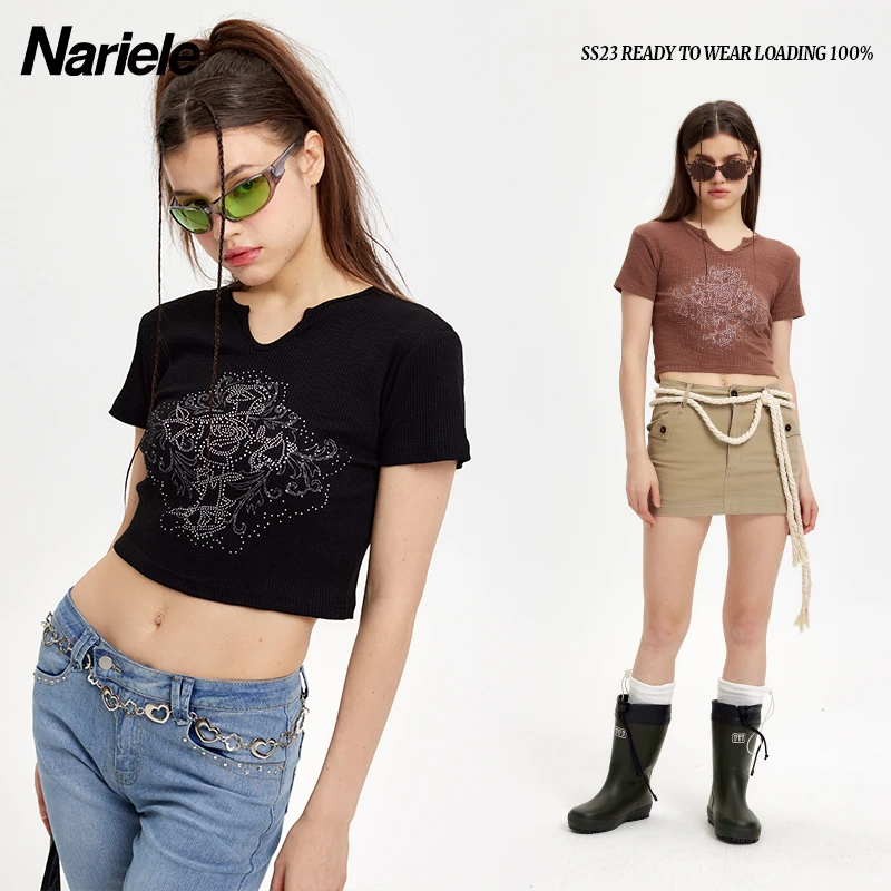 Nariele 甜辣妹短款短袖上衣女春夏新款复古美式显瘦修身T恤N3068