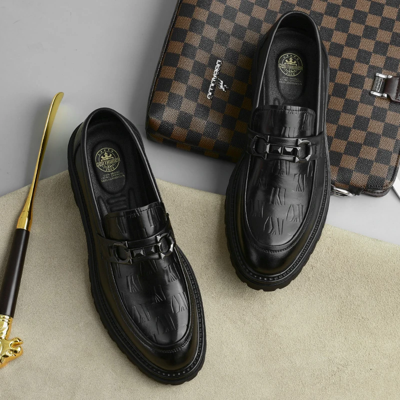 皮鞋男士新款一脚蹬英伦商务正装休闲百搭时尚软底增高套脚豆豆鞋