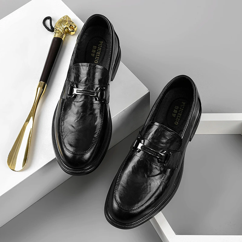 真皮牛皮男士皮鞋秋季一脚蹬新郎英伦时尚百搭轻便休闲乐福鞋1710