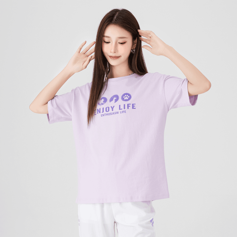 快鱼2023女新宽松圆领短袖T恤基础款半袖植绒图案时尚上衣23T7044