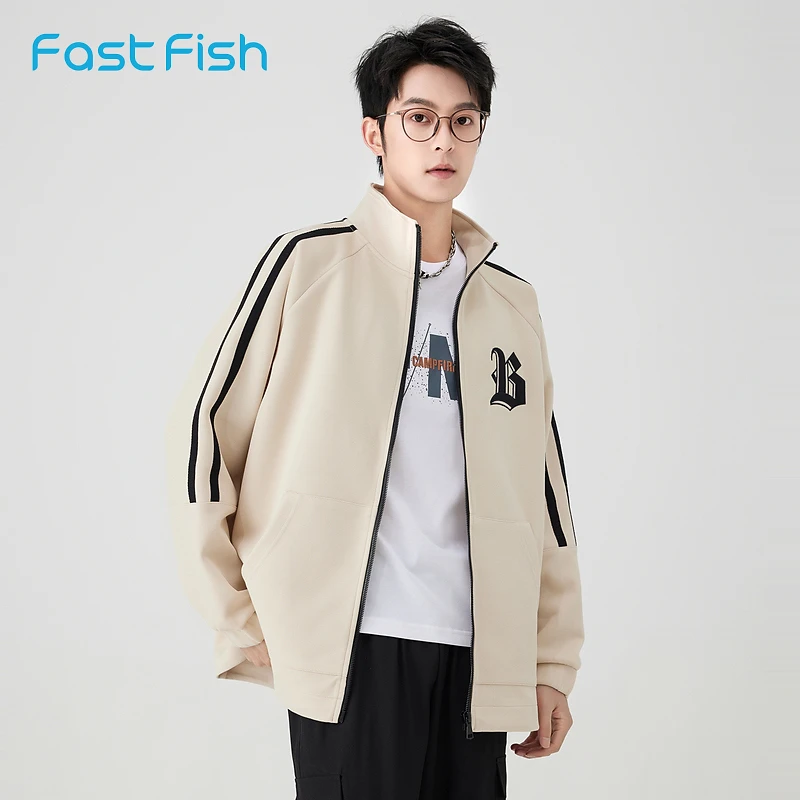快鱼2023秋新男宽松微落肩立领开衫阳光运动学院卫衣外套13W1062