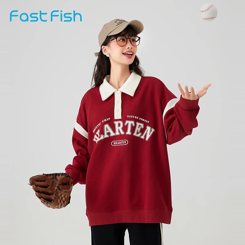 快鱼2023秋女新宽松大落肩翻领卫衣复合牛奶丝学院风上衣13W5067