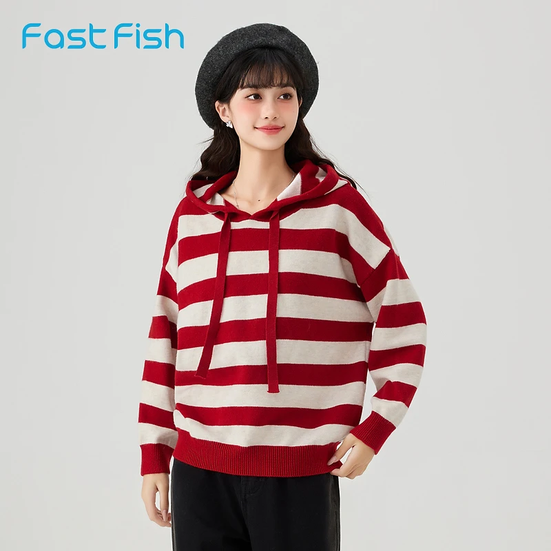 快鱼连帽条纹套头毛衣女士2024秋季新款好看休闲宽松保暖洋气毛衫