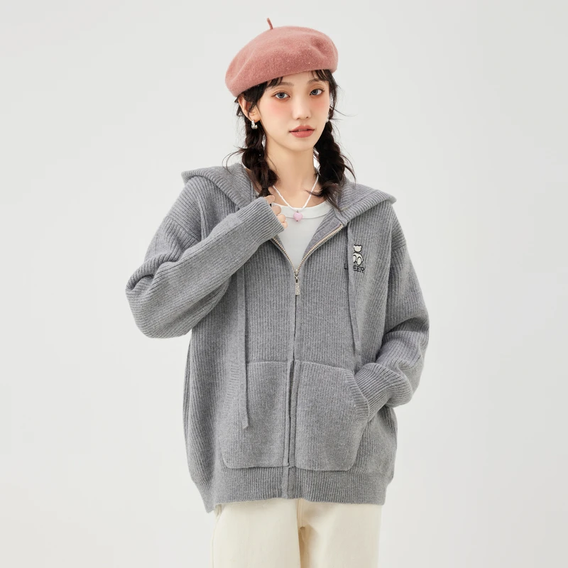 快鱼2022新款纯色大口袋连帽开衫毛衣女宽松韩版针织外套22M7009