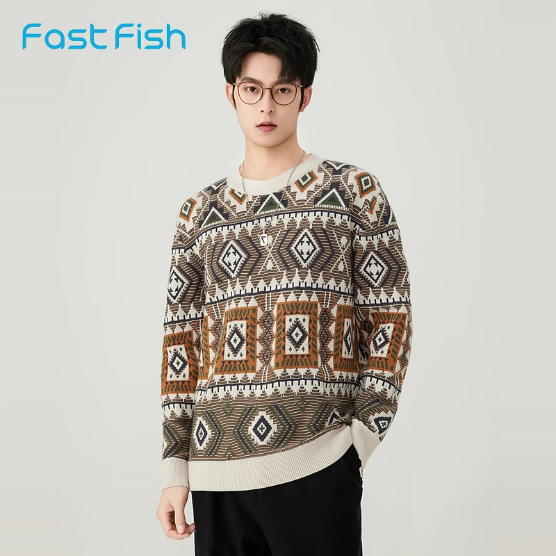 快鱼圆领厚毛衣男2023年冬季新款加厚提花撞色潮流时尚针织衫毛衫