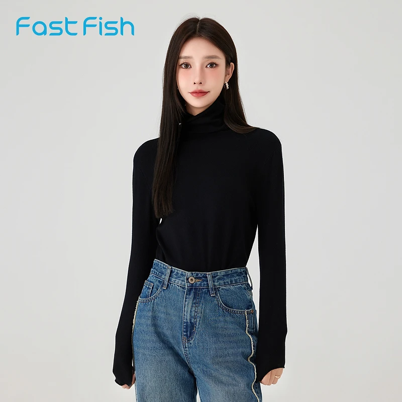 快鱼2023年冬新款女士净色堆堆领修身打底衫弹力洋气毛衣23M5018