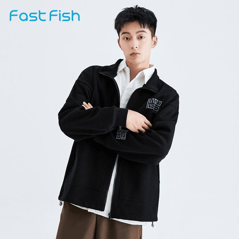 快鱼2022秋季新款男士卫衣不规则几何图案时尚开衫上衣12W1063