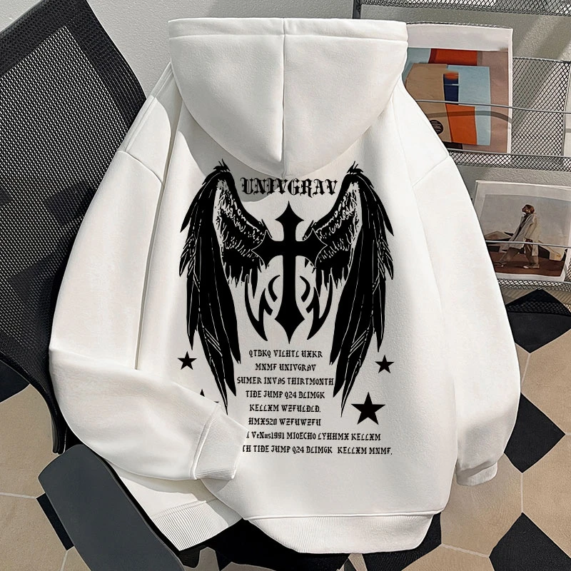 2025秋冬新款男女童白色连帽卫衣美式复古蜘蛛印花中大童百搭上衣