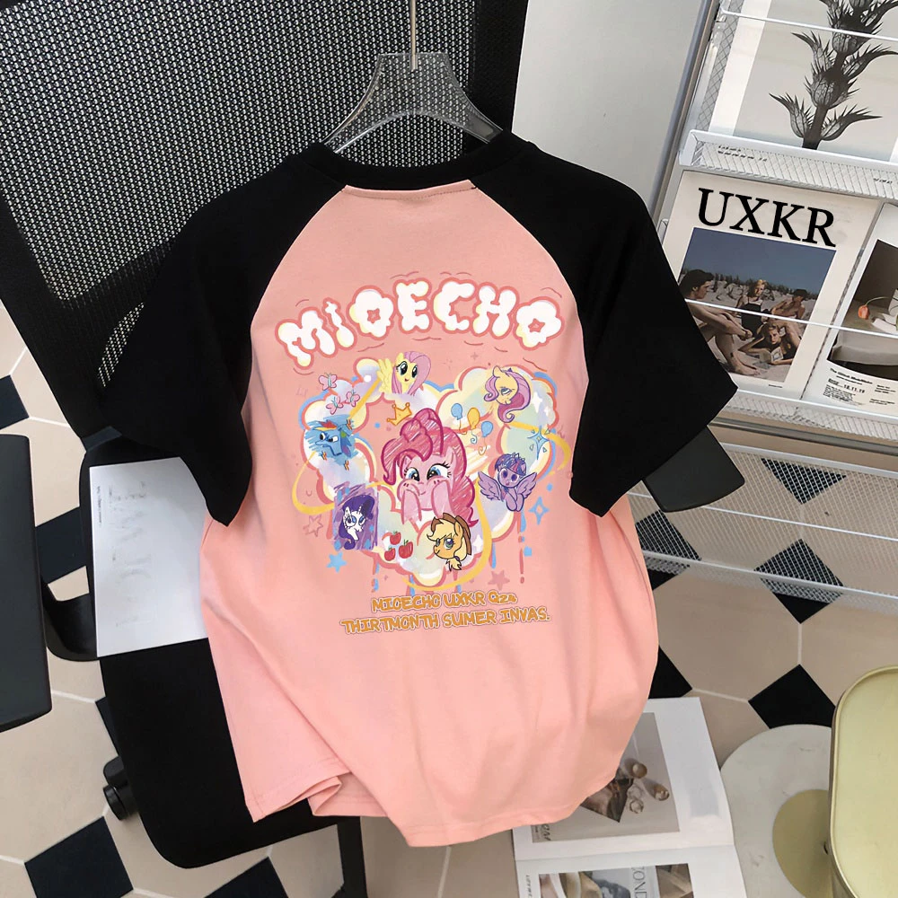 100%纯棉插肩女童短袖T恤2025夏季卡通小马宝莉中大童学院风上衣