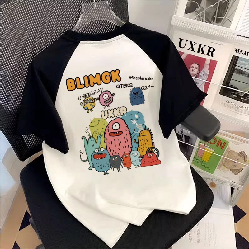 趣味小怪兽印花纯棉短袖t恤女童夏季新款宽松潮流女大童插肩上衣