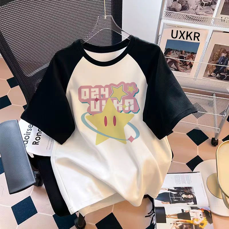 卡通星星字母印花女童插肩短袖t恤纯棉宽松女大童休闲洋气港风潮