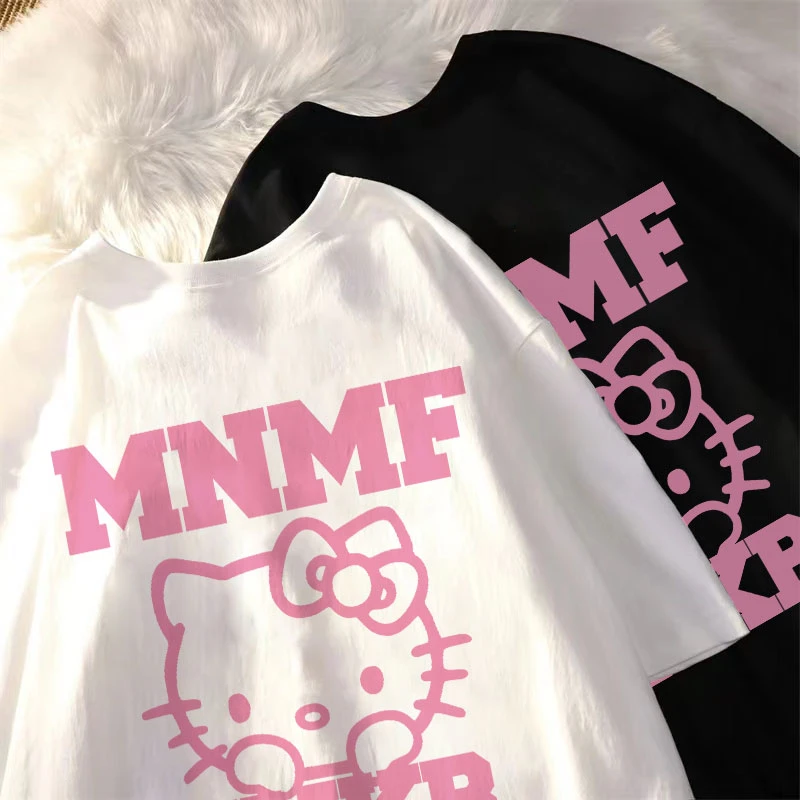 2025夏装新款女童纯棉短袖T恤可爱猫咪印花宽松中大童潮牌上衣服